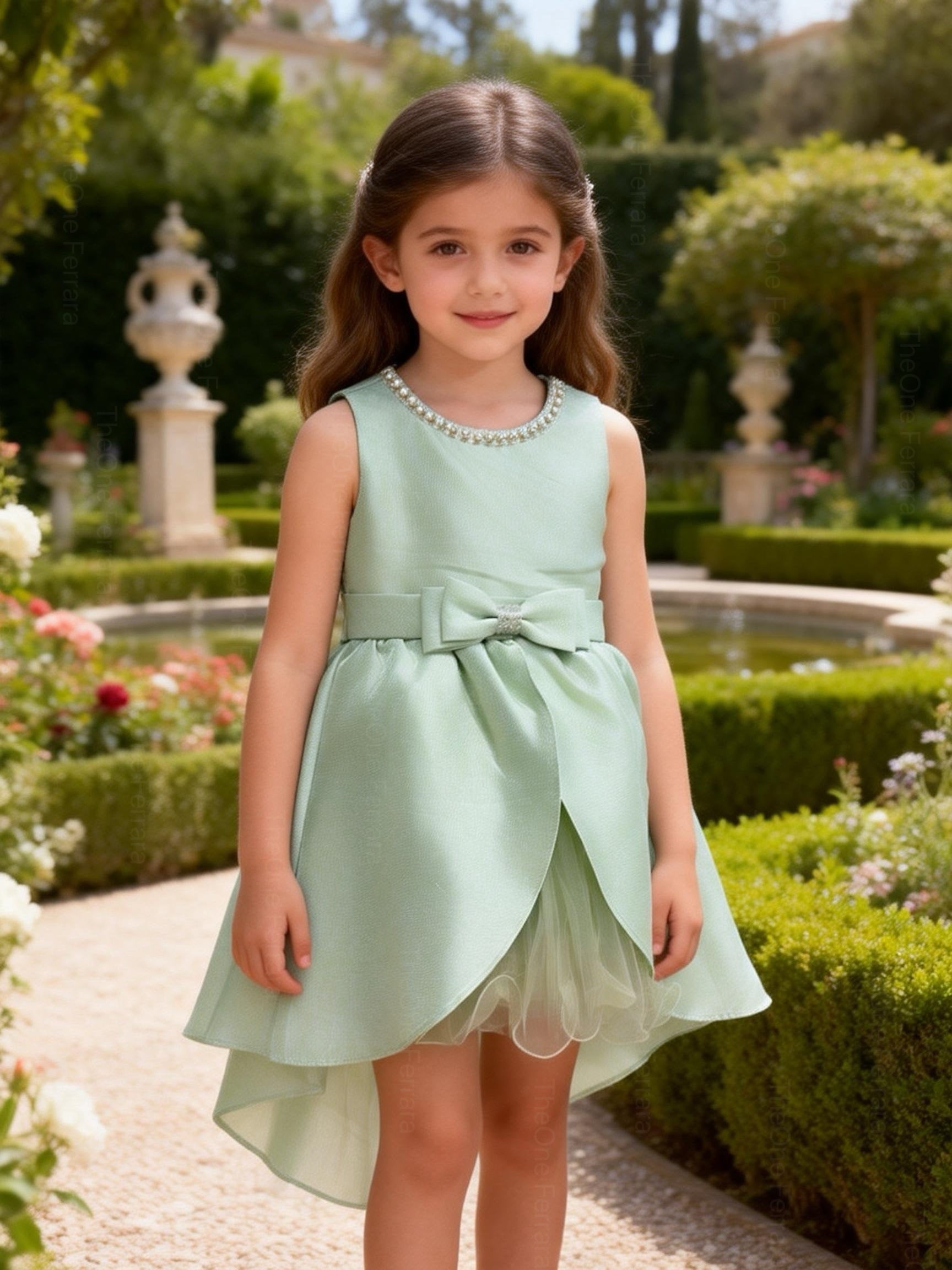 Abito da Cerimonia Bambina in Raso con Gonna in Tulle e Fiocco – Scollo Perle 2-12 Anni 750