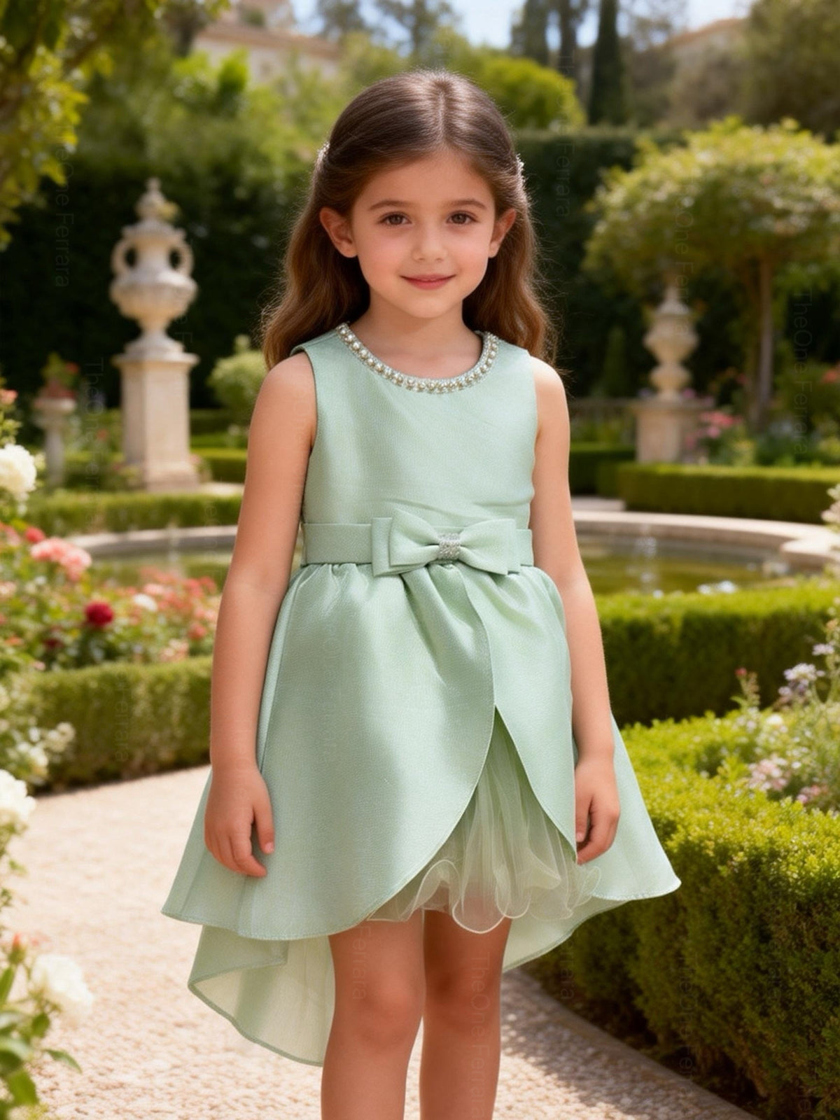 Abito da Cerimonia Bambina in Raso con Gonna in Tulle e Fiocco – Scollo Perle 2-12 Anni 750