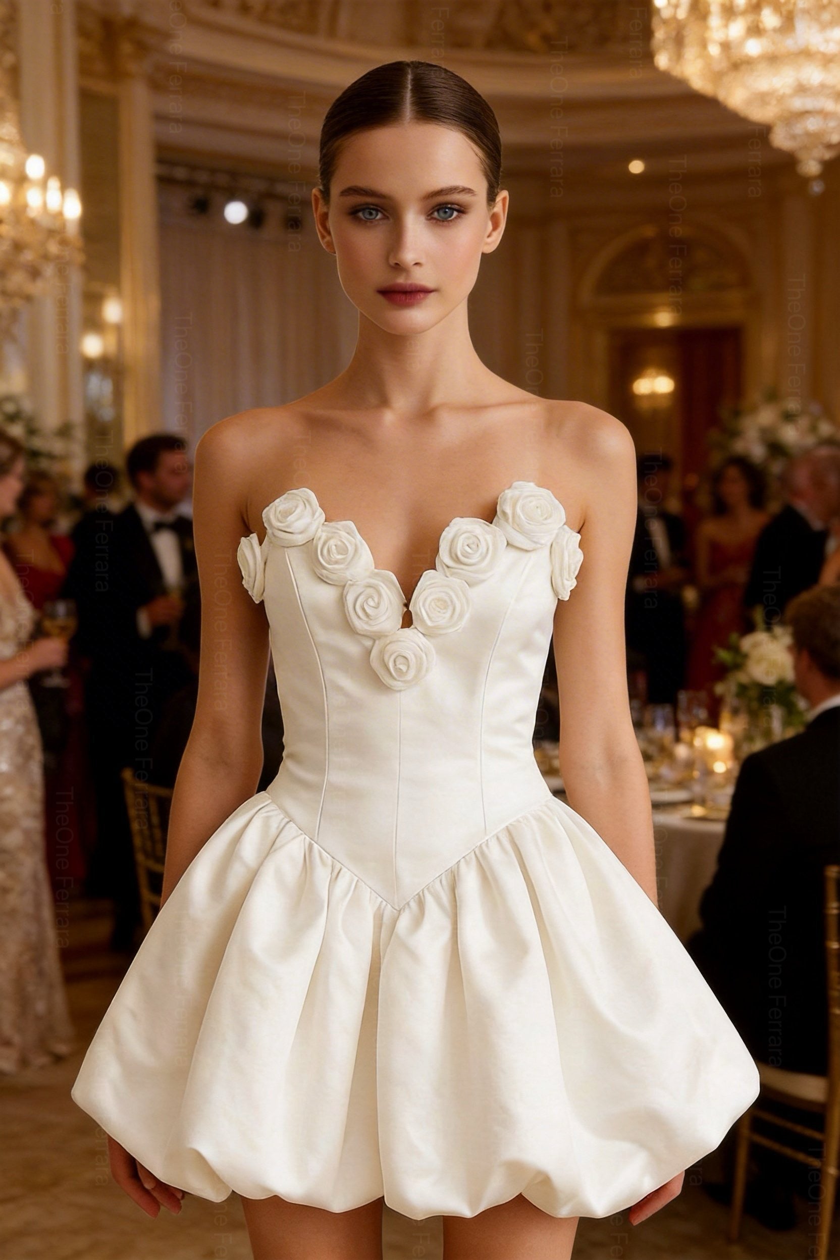 Abito Corto Bianco in Raso con Corsetto e Rose 3D – Gonna a Palloncino, Abito da Cocktail & Cerimonia 521688 Bianco