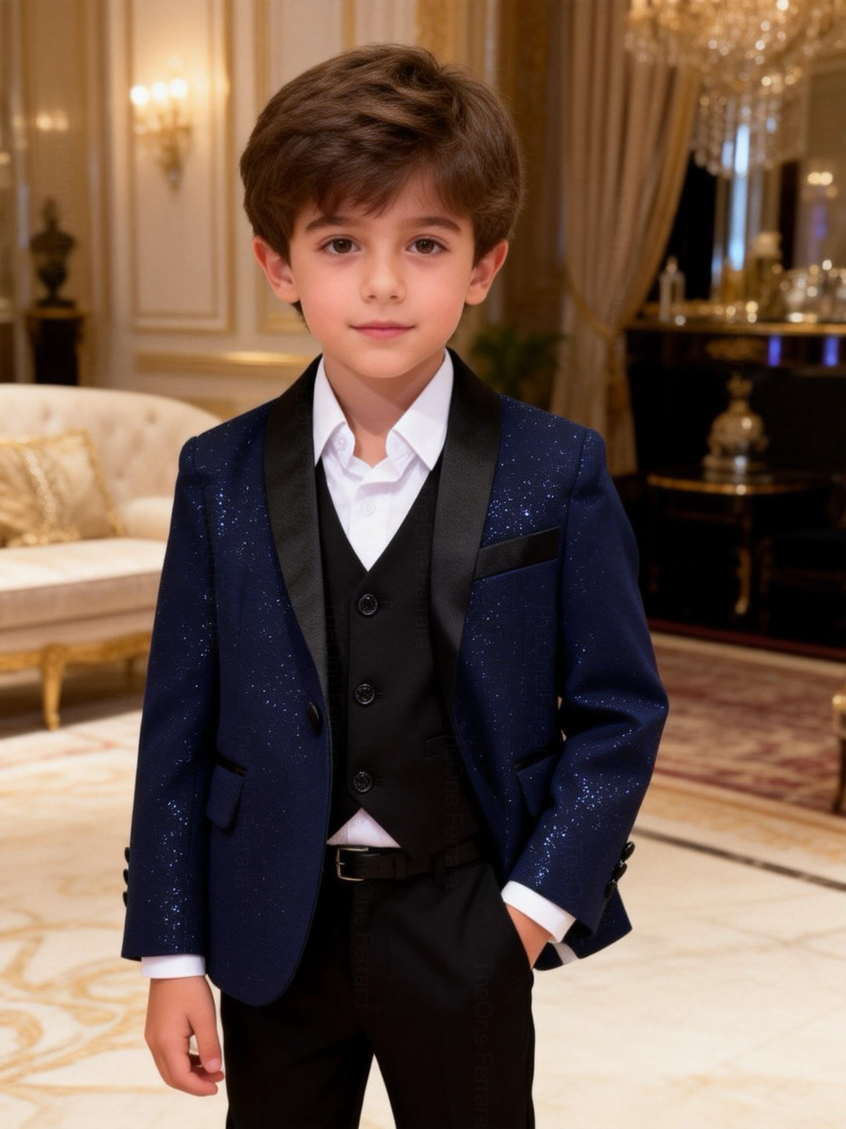 Completo Elegante Bambino Blu Notte Brillante 5 Pezzi Abito Cerimonia Matrimonio 1-14Anni