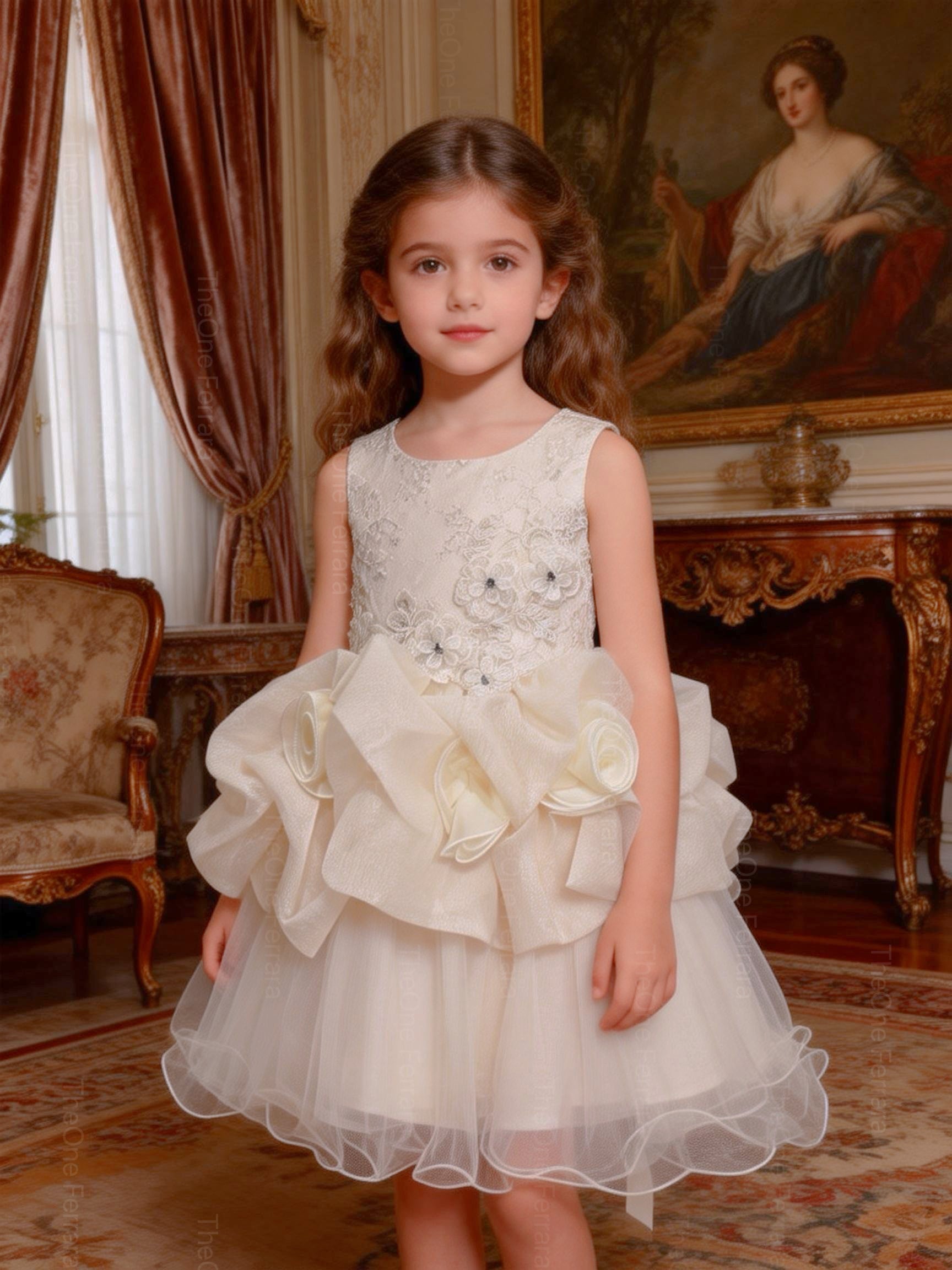 Abito da Cerimonia Bambina Avorio con Pizzo 3D e Maxi Fiori in Organza – Gonna in Tulle 8519 Champagne