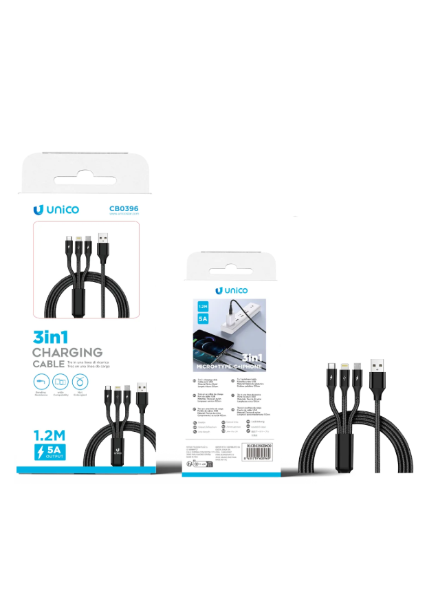 Cavo Dati 3 in 1 USB-A – MicroUSB, USB-C e Lightning | 5A 1,2m Nylon