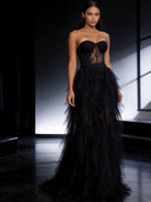 Abito da Sera Nero in Tulle con Corsetto – Vestito Lungo Elegante Bustier da Gala 521679