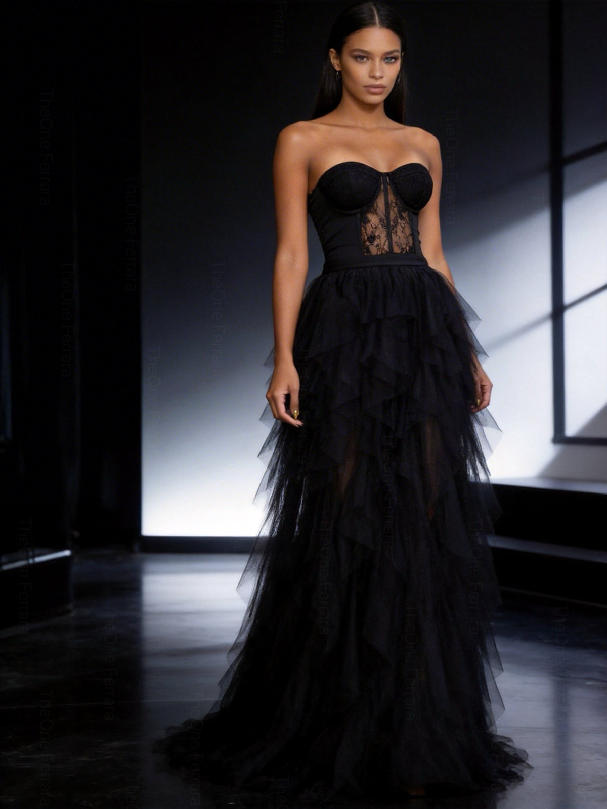 Abito da Sera Nero in Tulle con Corsetto – Vestito Lungo Elegante Bustier da Gala 521679