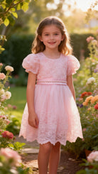 Abito Elegante Bambina Rosa in Pizzo e Tulle con Vita Decorata in Strass – Vestito da Cerimonia 2-12 anni 815