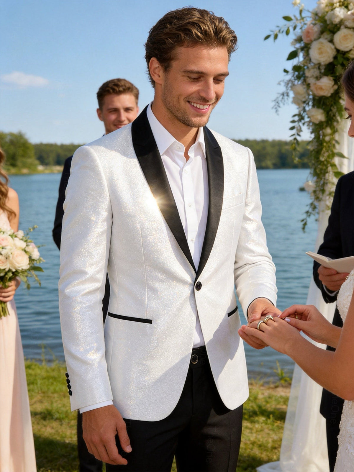 Abito Uomo Cerimonia Bianco Brillantinato Slim Fit con Rever in Raso 2 Pezzi