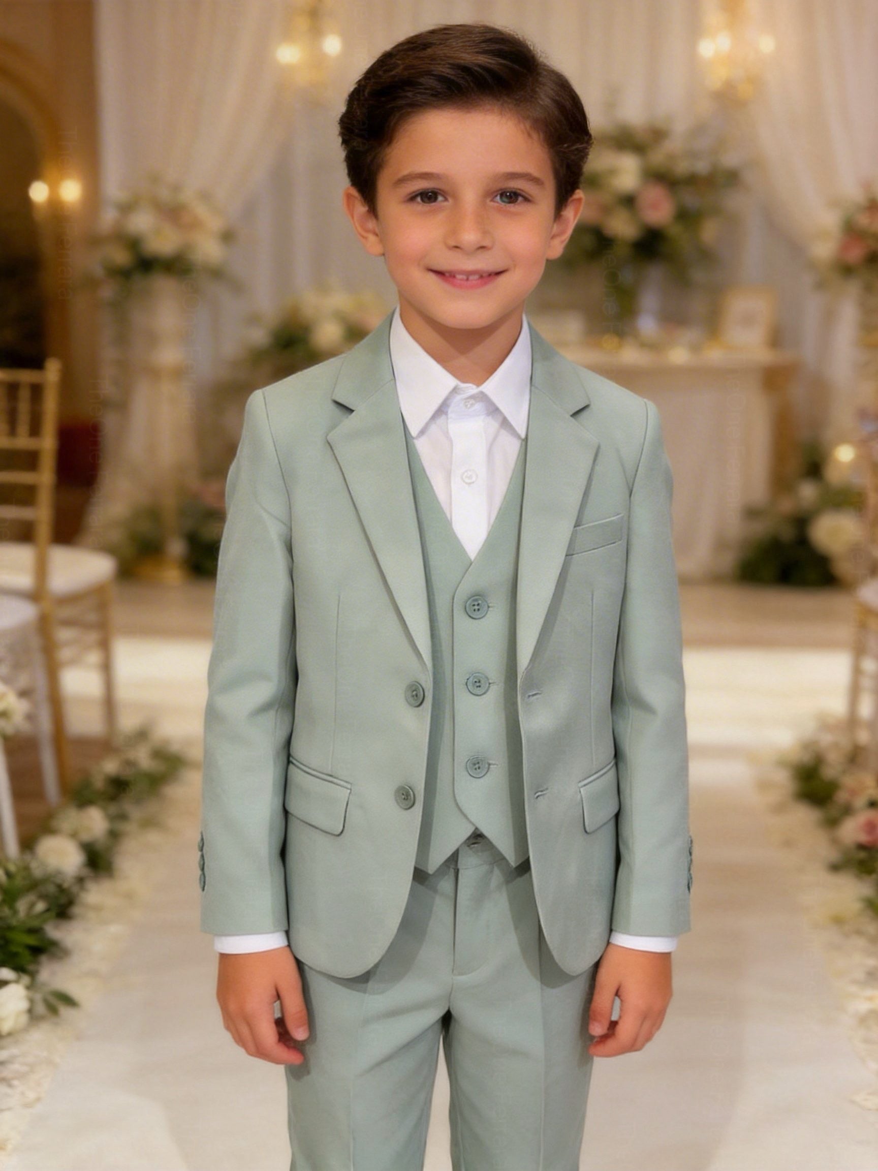 Completo Bambino Matrimonio Verde Salvia 5 Pezzi Elegante 1-16 Anni