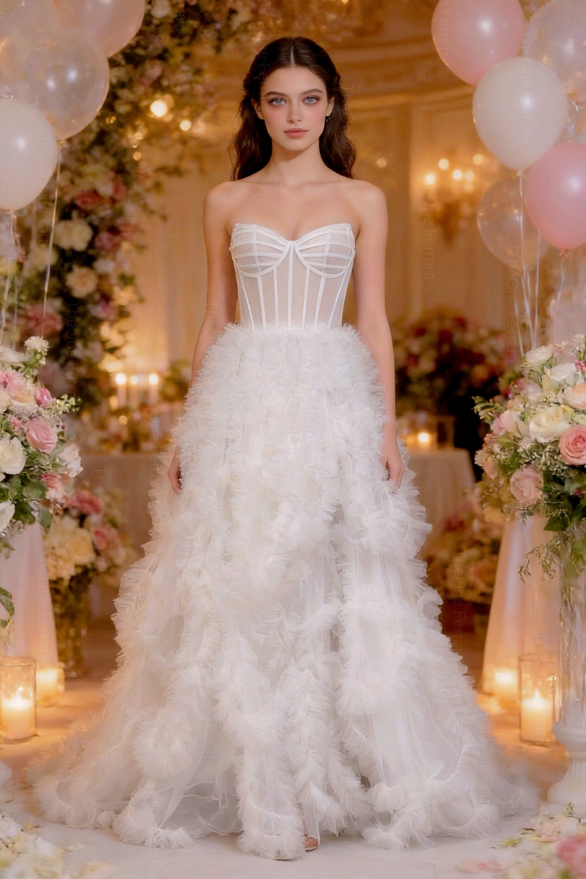Abito da Sera Bianco con Corsetto e Tulle – Vestito Lungo Elegante Effetto Couture 883008 Bianco S M