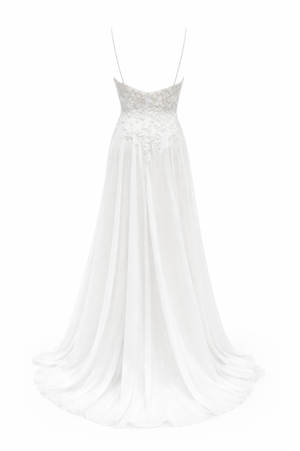 Abito da Sposa A-Line in Chiffon con Pizzo 3D e Scollo Profondo – Spalline Sottili, Effetto Corsetto, Colore Avorio Naturale 879001