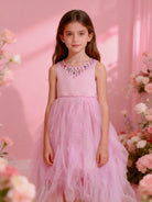 Abito Cerimonia Bambina Elegante in Tulle con Scollo Gioiello – 2-14 Anni – Rosa | Bianco | Bordeaux | Rosa Cipria – 2045 Rosa