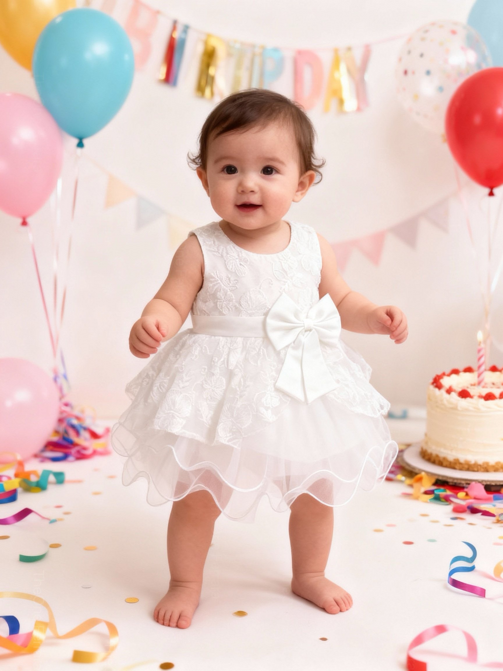 Abito da Battesimo Neonata Bianco 6–36 Mesi – Pizzo Floreale con Maxi Fiocco Cerimonia, Chiesa Compleanno 21017 Bianco 12M