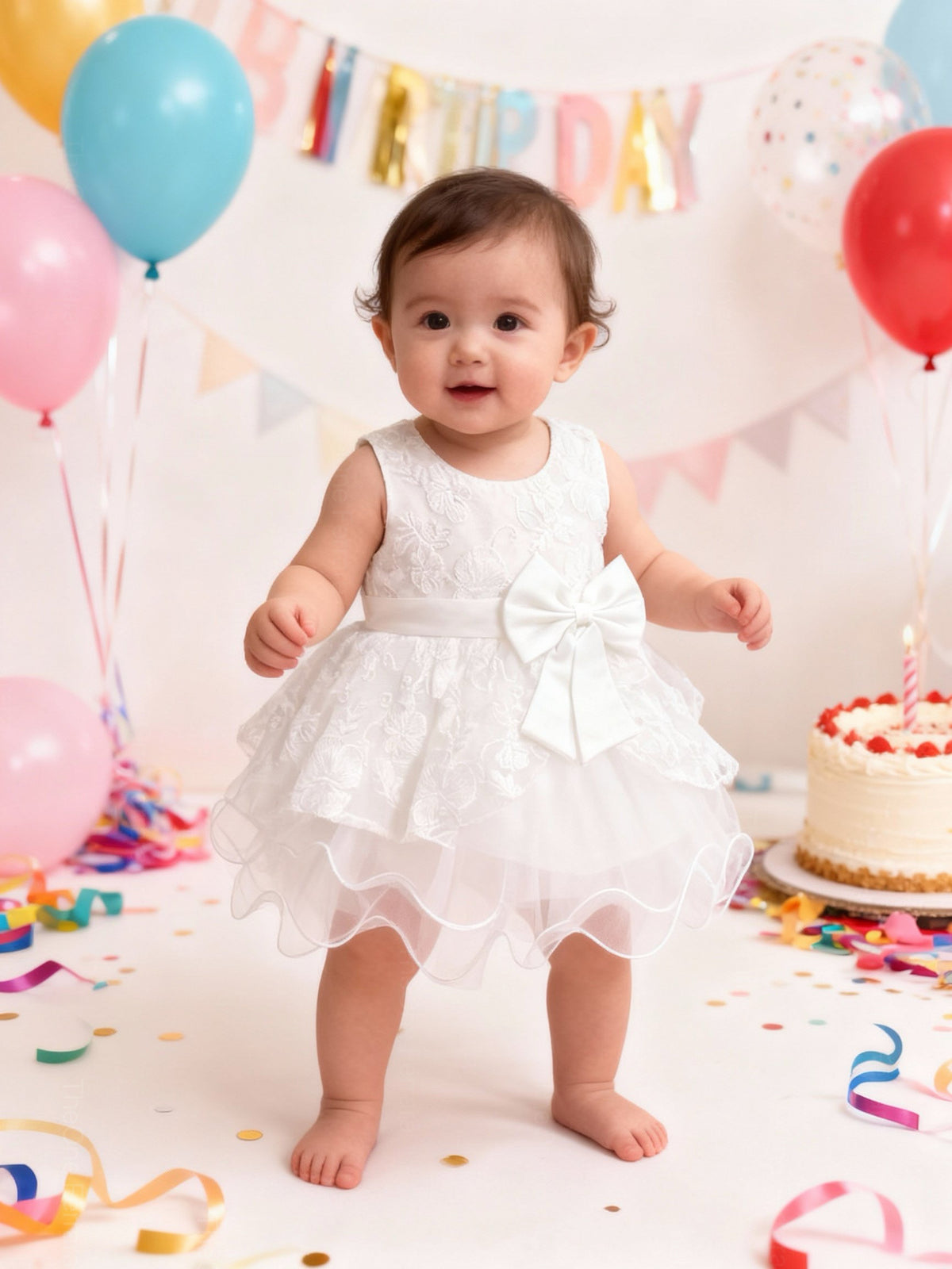 Abito da Battesimo Neonata Bianco 6–36 Mesi – Pizzo Floreale con Maxi Fiocco Cerimonia, Chiesa Compleanno 21017 Bianco 12M