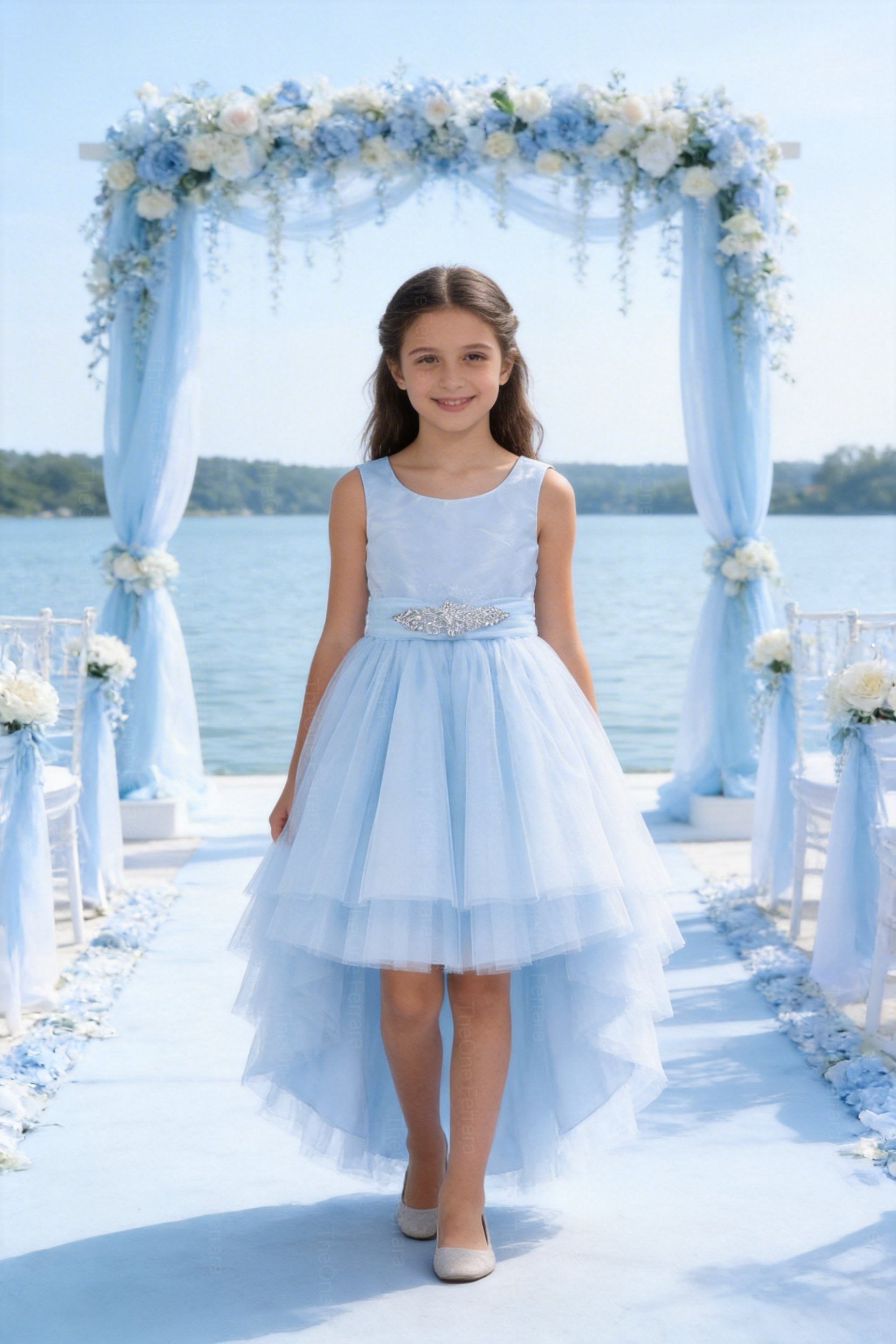 Abito da Cerimonia Bambina Elegante 4-14 Anni – Vestito Damigella in Tulle Multistrato con Cintura Gioiello (Bianco, Champagne, Azzurro) 82535