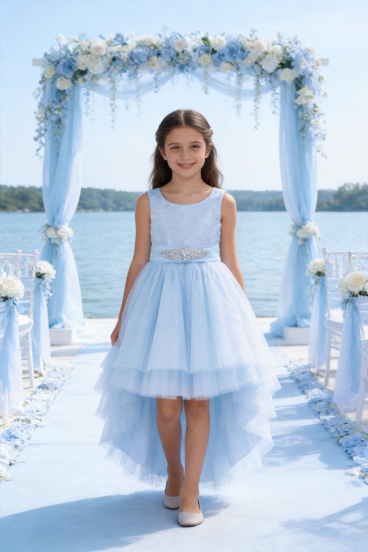 Abito da Cerimonia Bambina Elegante 4-14 Anni – Vestito Damigella in Tulle Multistrato con Cintura Gioiello (Bianco, Champagne, Azzurro) 82535