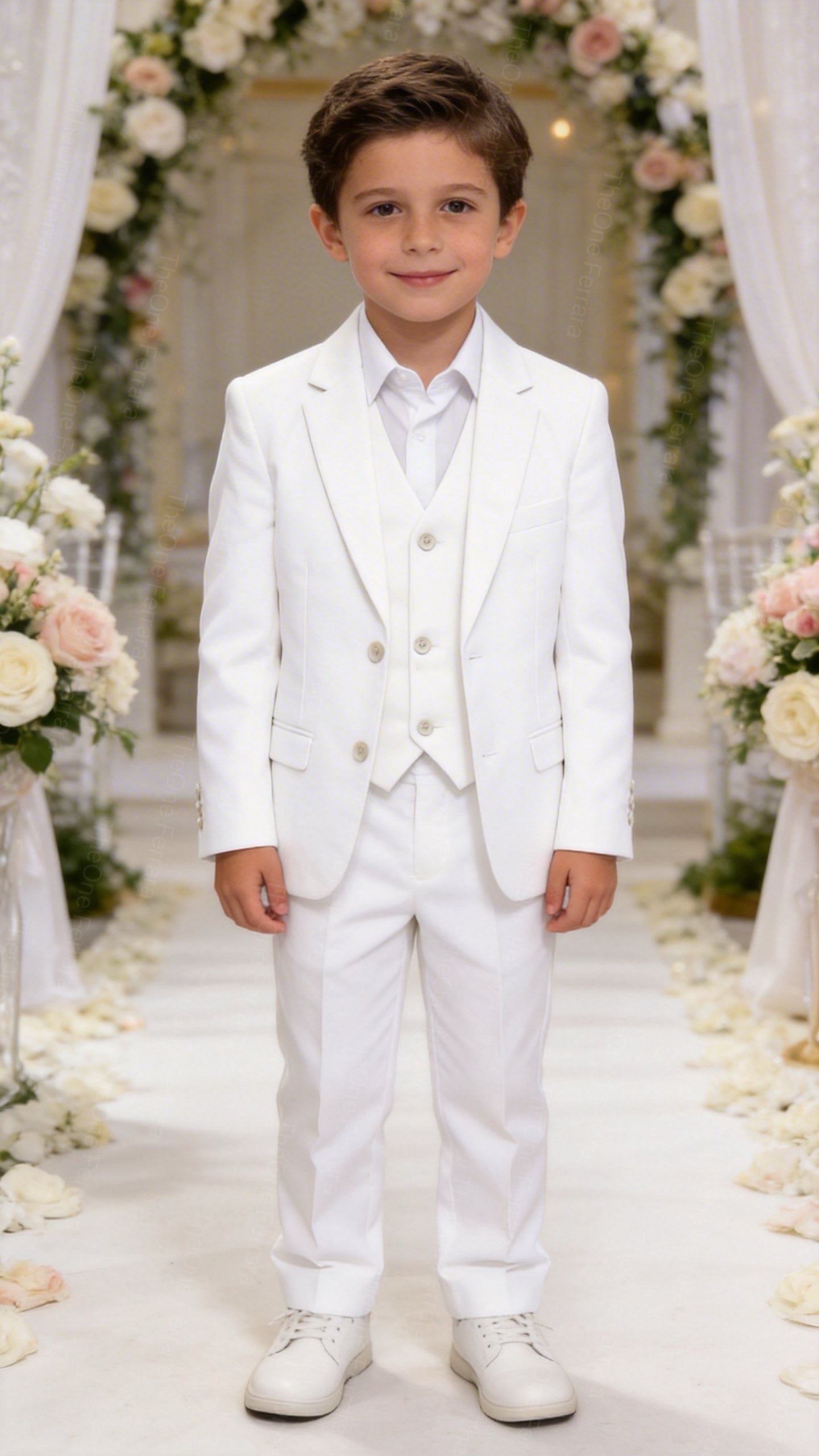 Completo Elegante Bambino Bianco 5 Pezzi Abito Cerimonia Matrimonio Comunione 1-14Anni