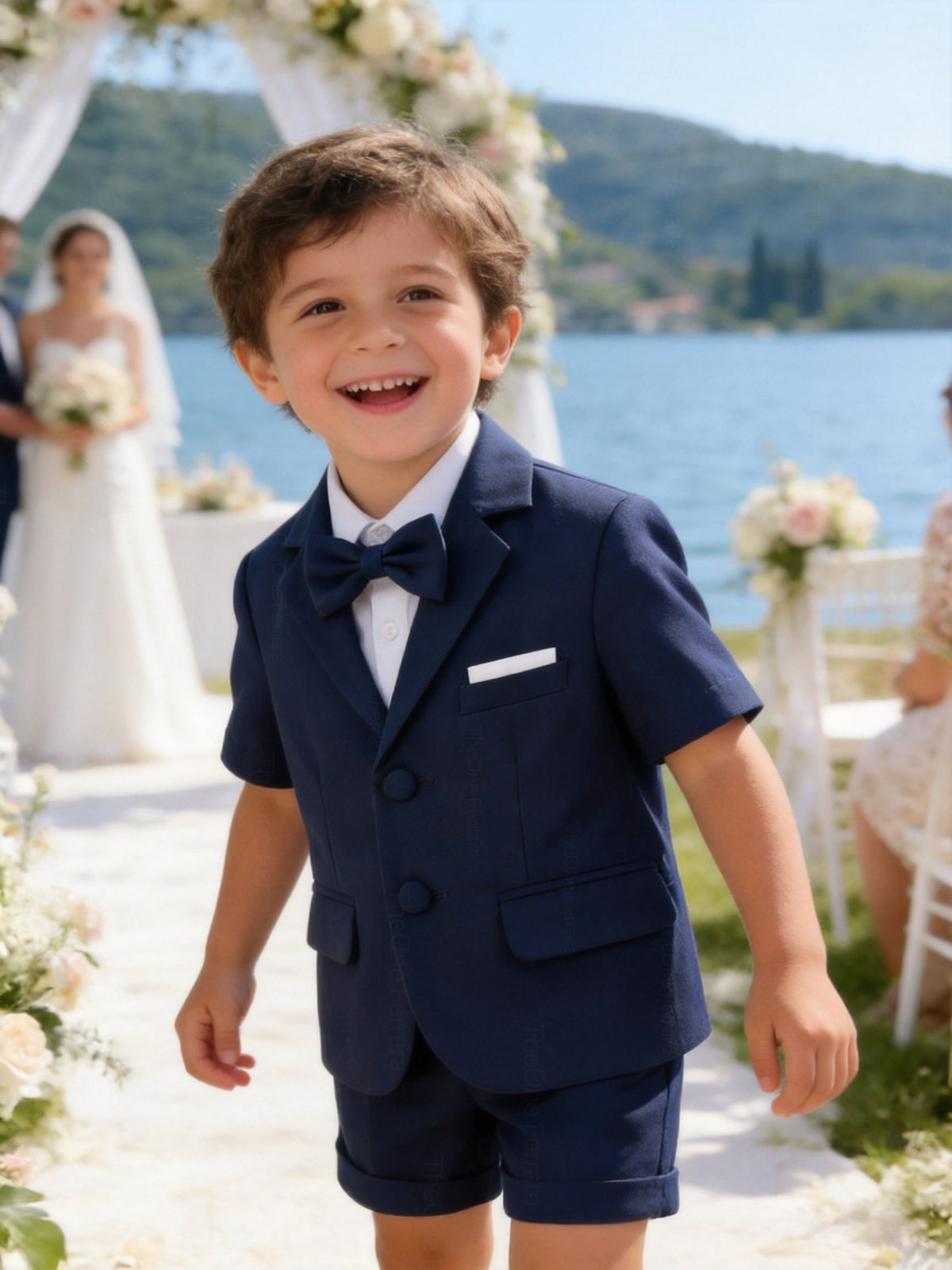 Completo Elegante Bambino Verde Salvia 4 Pezzi con Giacca Shorts Camicia e Papillong 4-10Anni