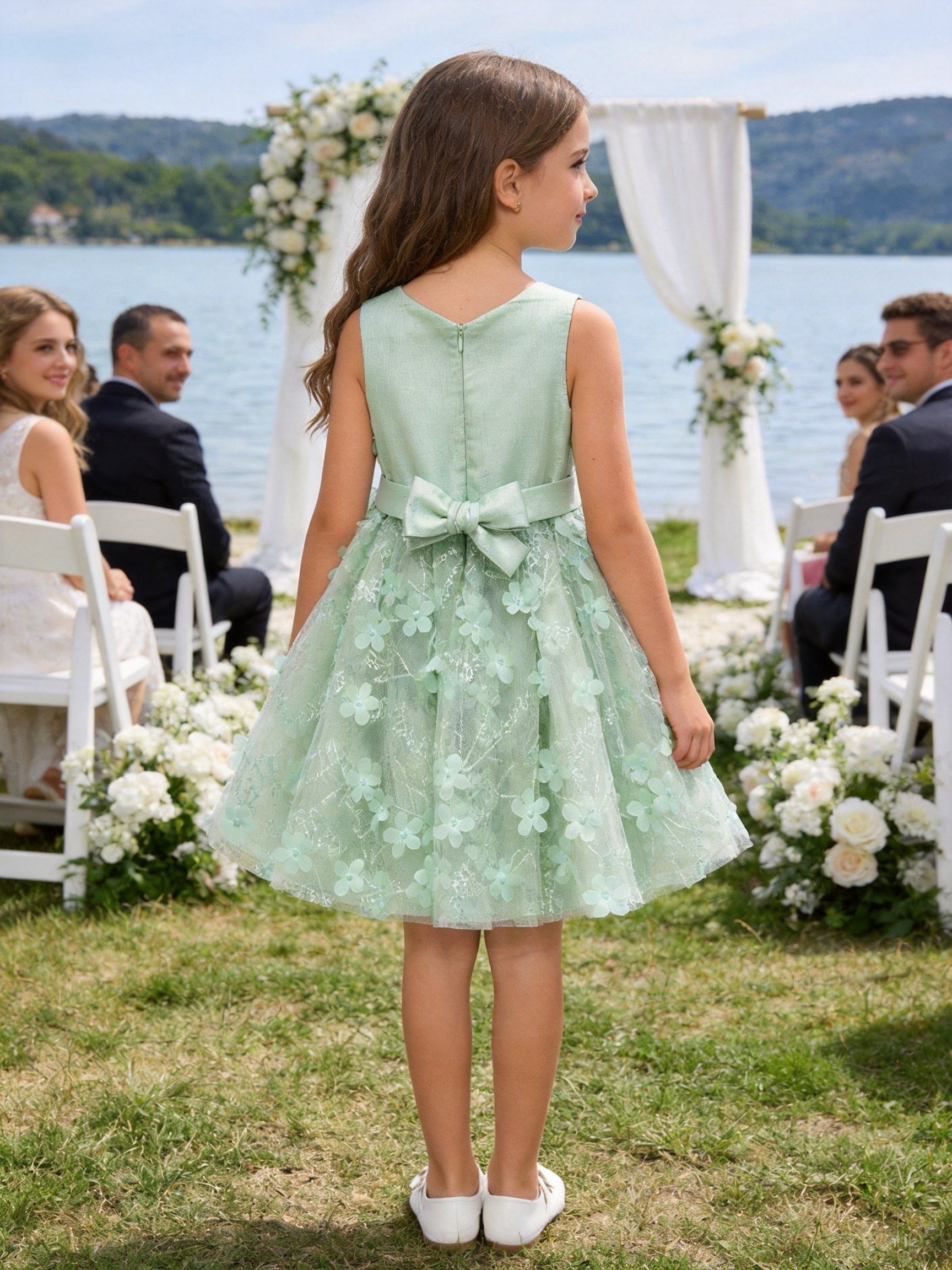 Abito da Cerimonia Bambina 2-12 Anni Elegante – Vestito con Fiori 3D e Gonna in Tulle per Matrimonio, Battesimo e Compleanno 716
