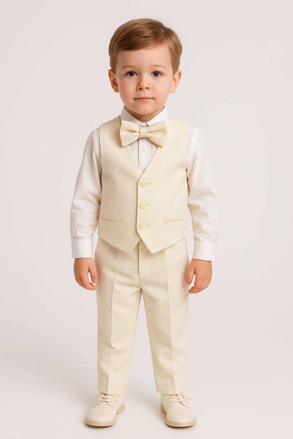 Completo Cerimonia Bambino 5 Pezzi – Abito Elegante Bianco Avorio con Giacca, Gilet, Camicia, Pantaloni e Papillon B61 ，4-14Anni TheOne