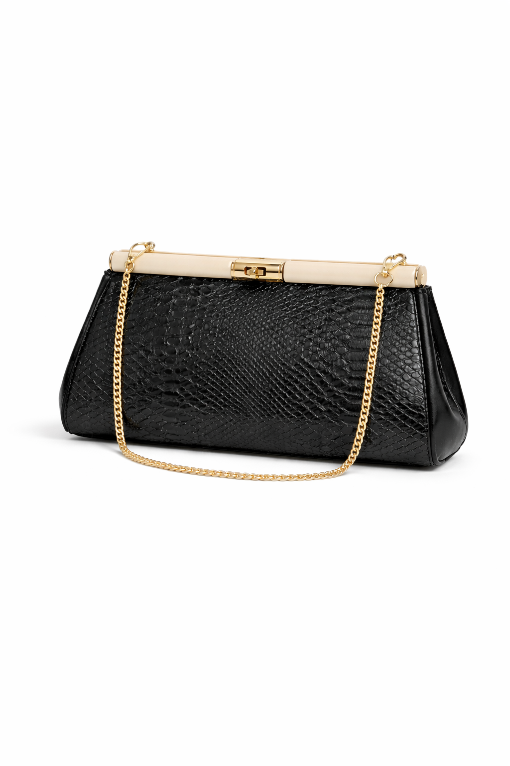 Borsa Elegante Donna Effetto Pitone con Catena Oro – Pochette Cerimonia 30cm Strutturata Nero 30x14X10cm