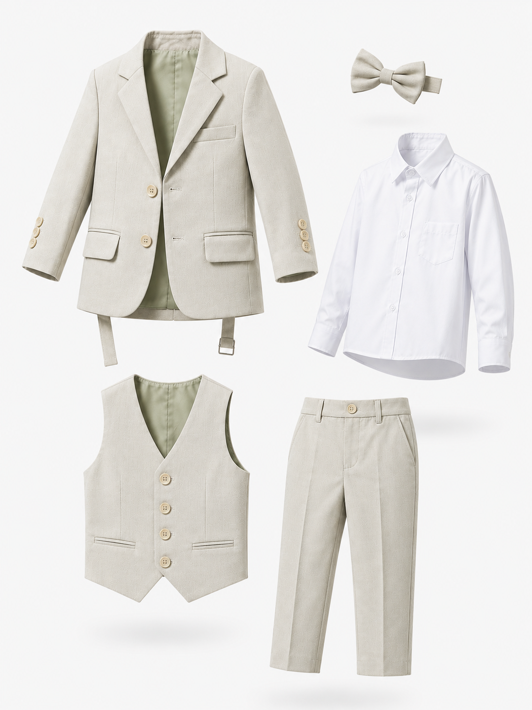Completo Elegante Bambino Beige 5 Pezzi con Giacca Gilet Pantaloni Camicia e Papillony