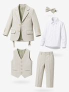 Completo Elegante Bambino Beige 5 Pezzi con Giacca Gilet Pantaloni Camicia e Papillony