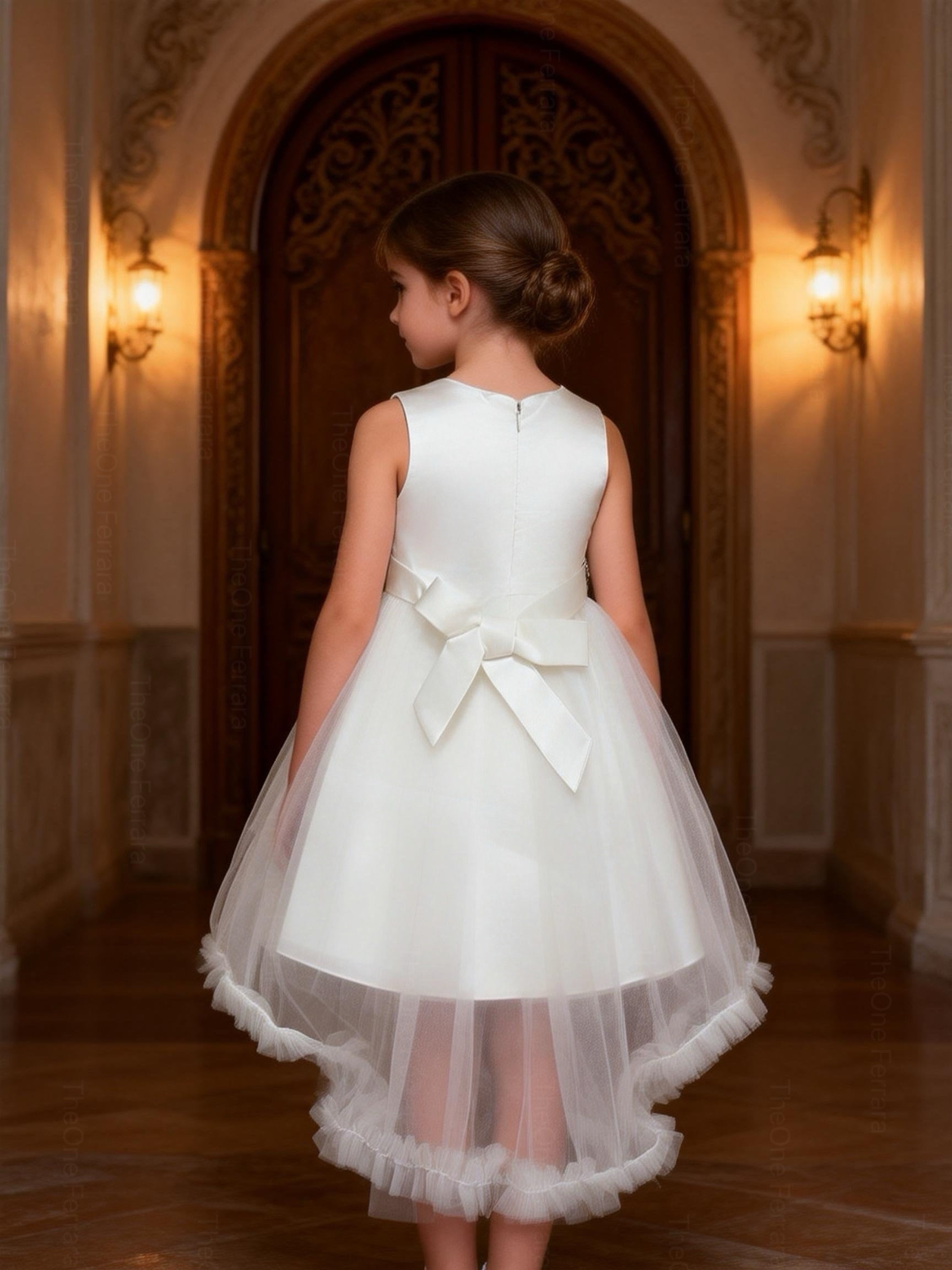 Abito da Cerimonia Bambina Bianco a Sirena in Tulle – 2-14 Anni | Battesimo, Comunione, Damigella 22012-TheOne Ferrara