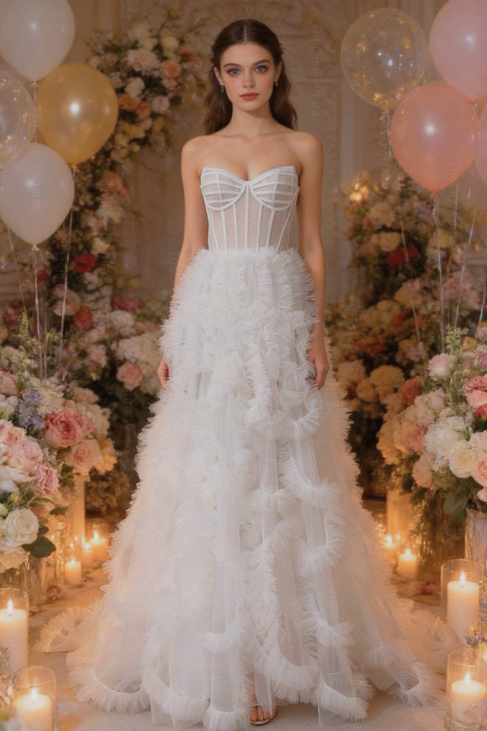 Abito da Sera Bianco con Corsetto e Tulle – Vestito Lungo Elegante Effetto Couture 883008 Bianco L XL