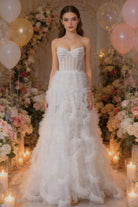 Abito da Sera Bianco con Corsetto e Tulle – Vestito Lungo Elegante Effetto Couture 883008 Bianco L XL