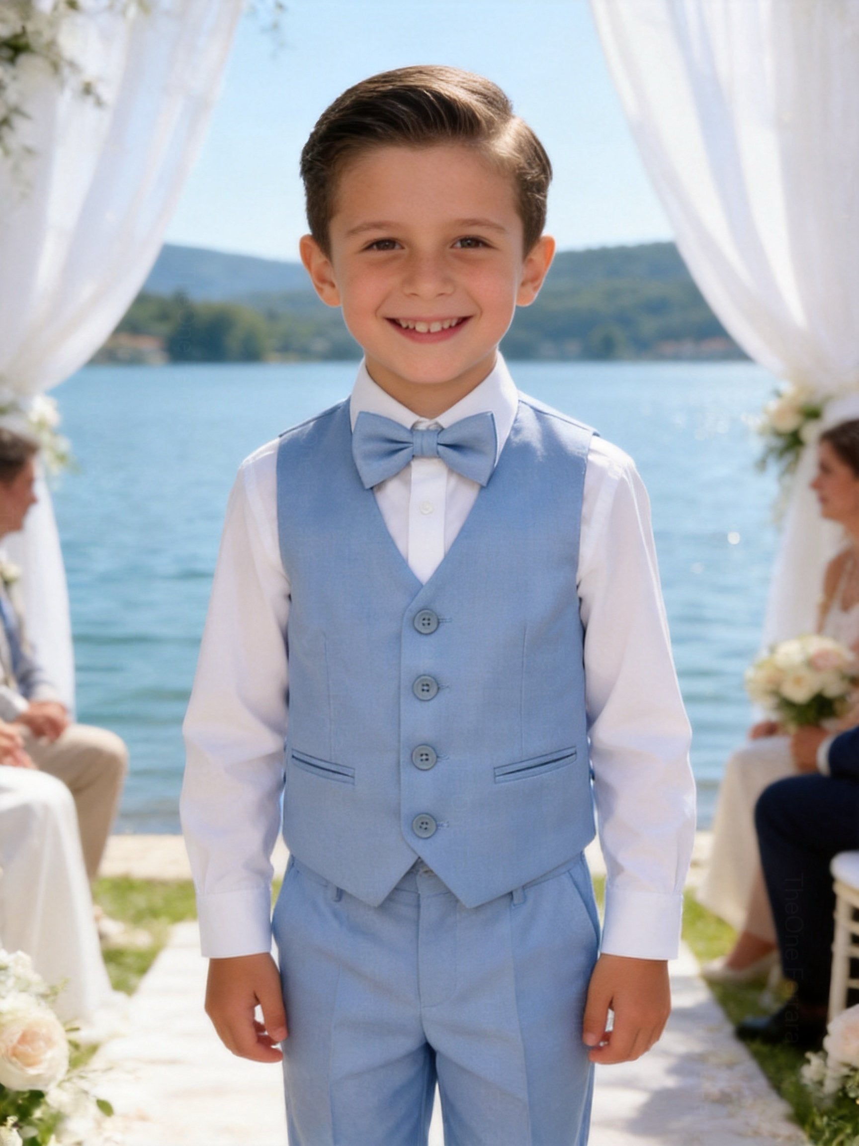 Completo Elegante Bambino Celeste 5 Pezzi con Giacca Gilet Pantaloni Camicia e Papillon