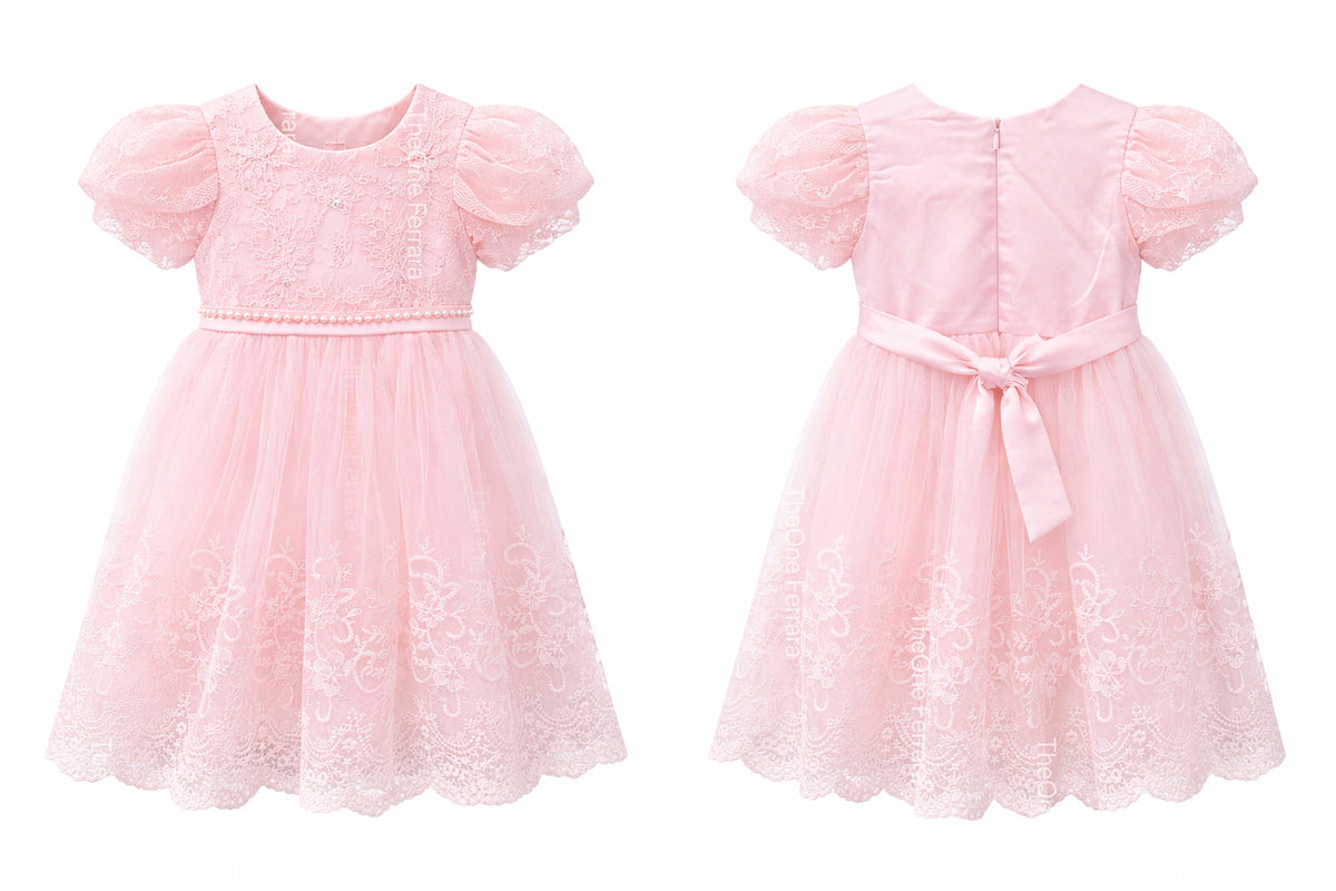 Abito Elegante Bambina Rosa in Pizzo e Tulle con Vita Decorata in Strass – Vestito da Cerimonia 2-12 anni 815