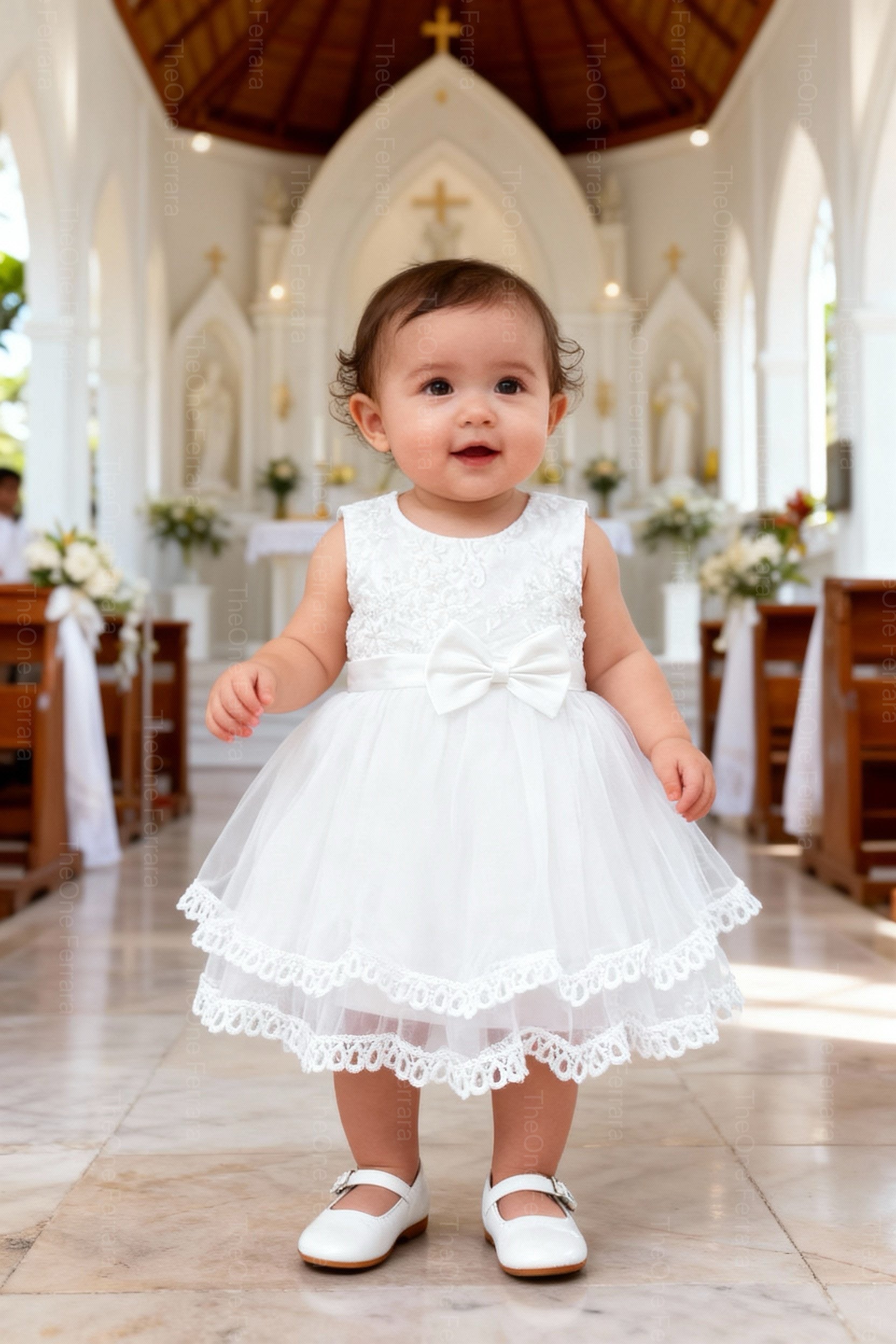 Abito da Battesimo Neonata Bianco 6–36 Mesi – Pizzo Ricamato, Tulle a Strati con Maxi Fiocco Cerimonia Matrimonio 21056