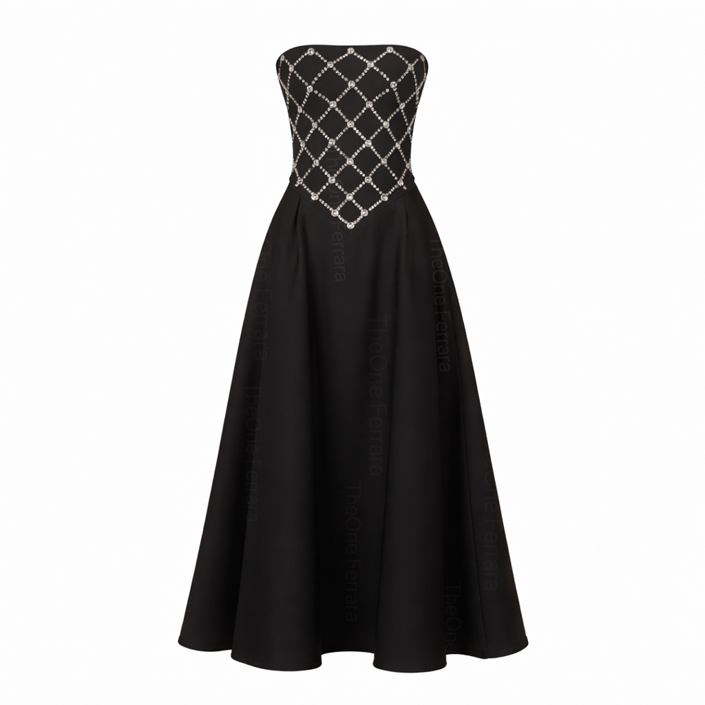 Abito Nero Strapless con Cristalli – Vestito Midi Elegante Linea A 623110 Nero