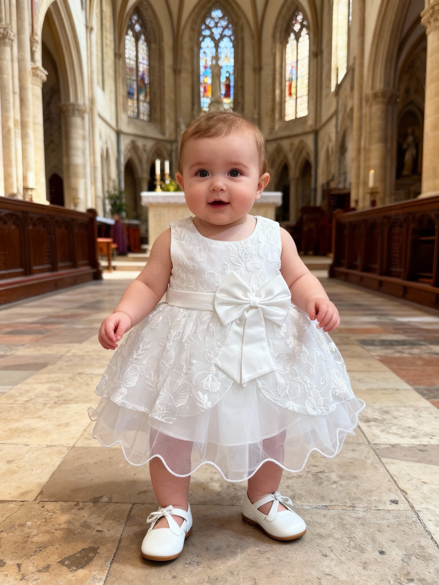 Abito da Battesimo Neonata Bianco 6–36 Mesi – Pizzo Floreale con Maxi Fiocco Cerimonia, Chiesa Compleanno 21017 Bianco 24M