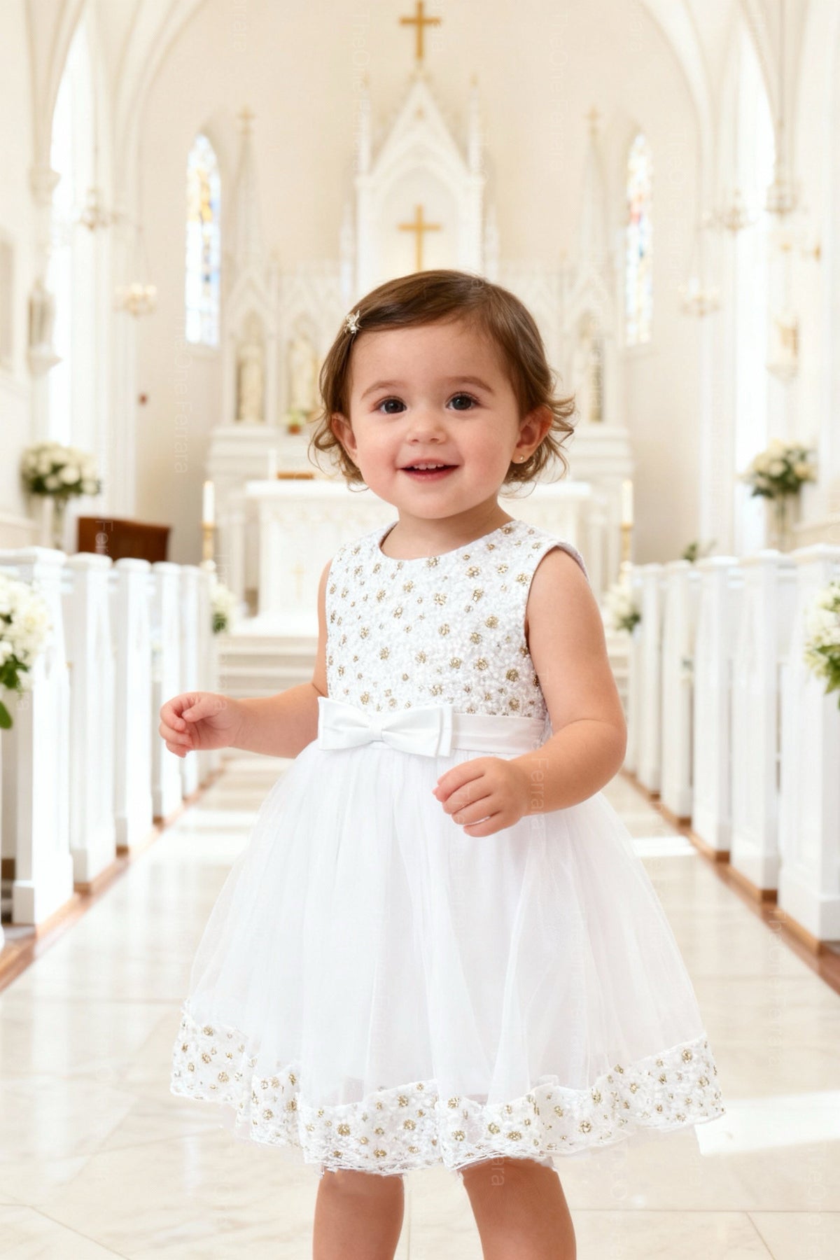 Abito da Cerimonia Bambina Bianco 2–12 Anni – Tulle Elegante con Fiocco | Battesimo, Matrimonio, Comunione 662