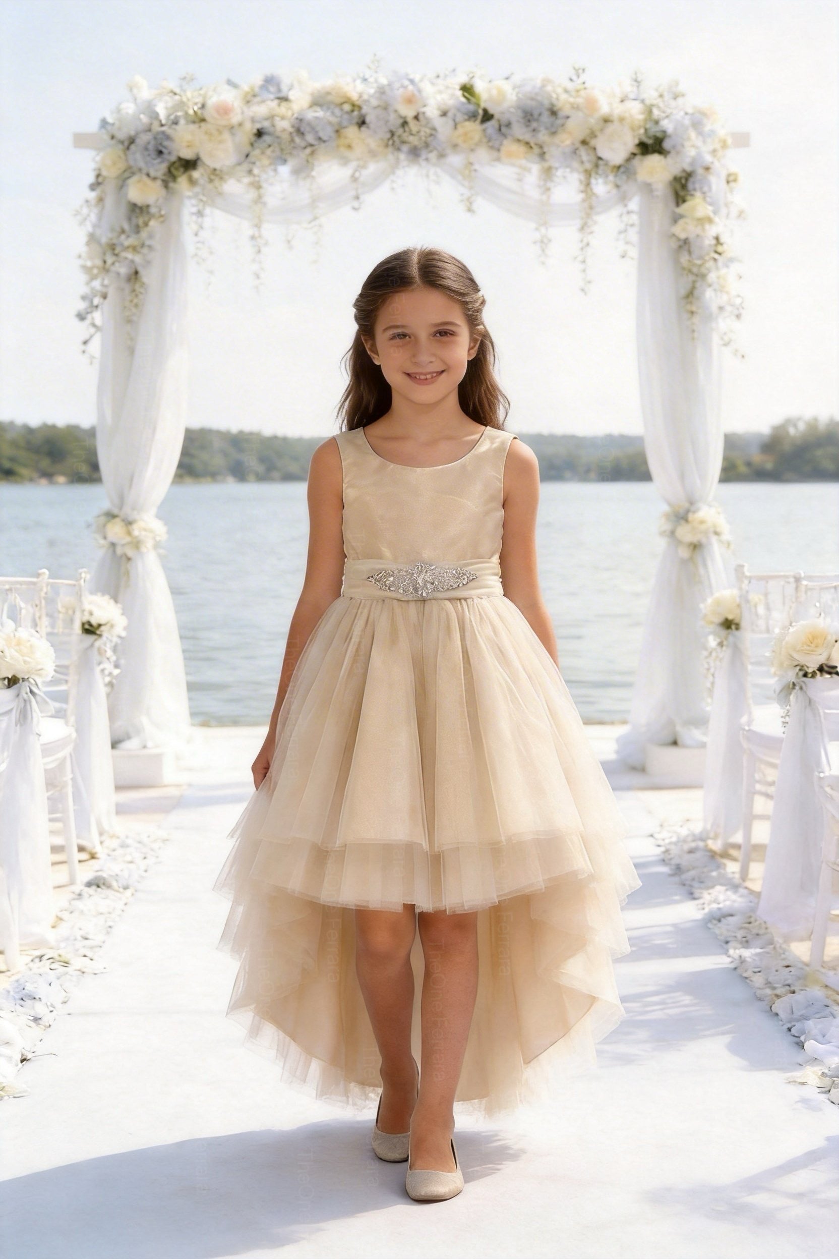 Abito da Cerimonia Bambina Elegante 4-14 Anni – Vestito Damigella in Tulle Multistrato con Cintura Gioiello (Bianco, Champagne, Azzurro) 82535