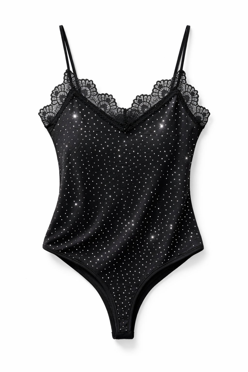 Body Donna con Strass e Pizzo – Body Sexy Spalline Sottili Elegante 76162 Nero taglia unica-48kg-58kg
