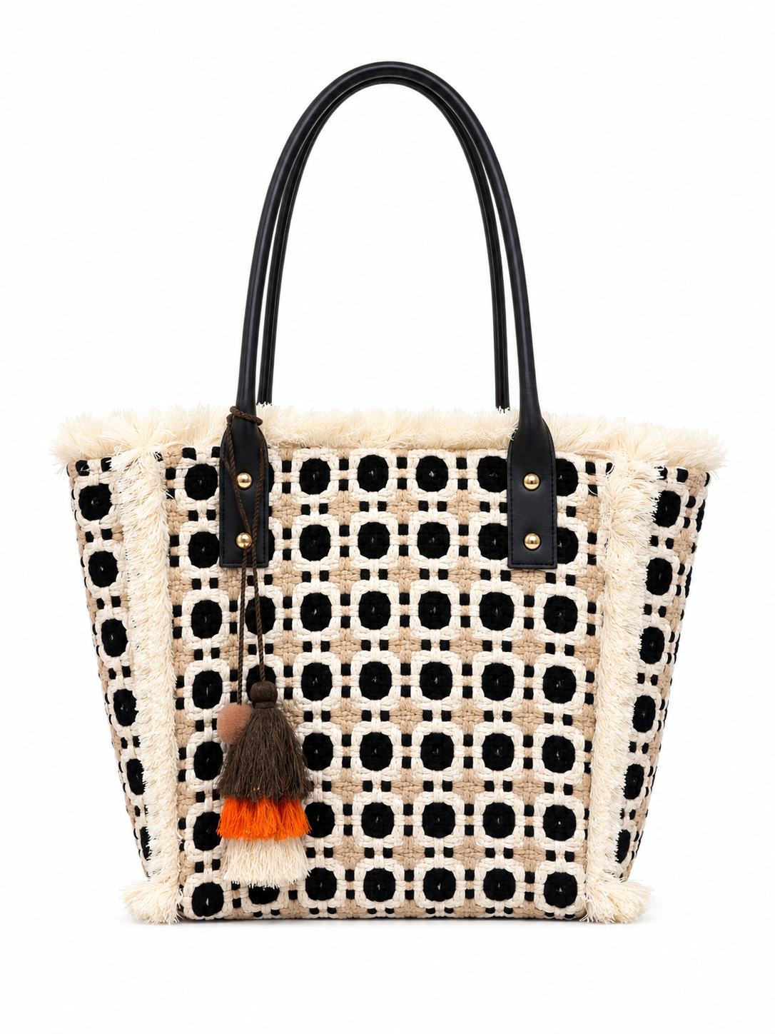 Borsa Shopper Donna Boho Chic con Frange e Nappina Decorativa Nero L × A × P: 35 × 30 × 13 cm