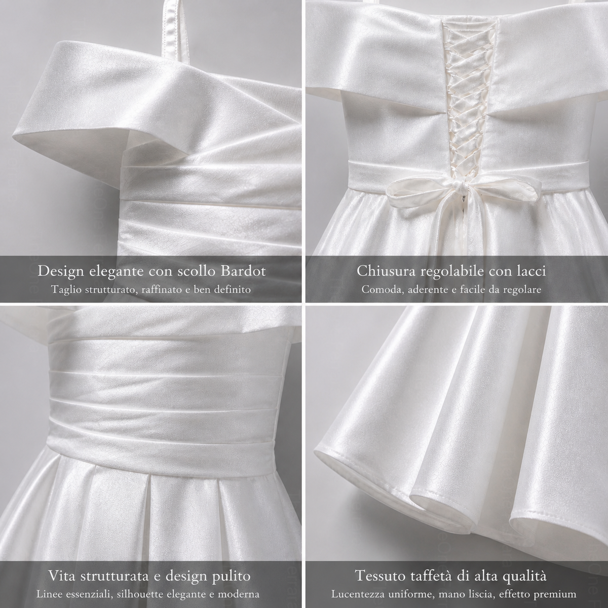 Vestito Ragazza Elegante Off Shoulder Effetto Taffetà Principessa