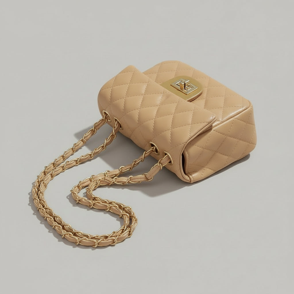 Mini Borsa Donna Trapuntata con Catena – Elegante e Compatta, Stile Italiano 9915(19×8X14cm) Kakhi