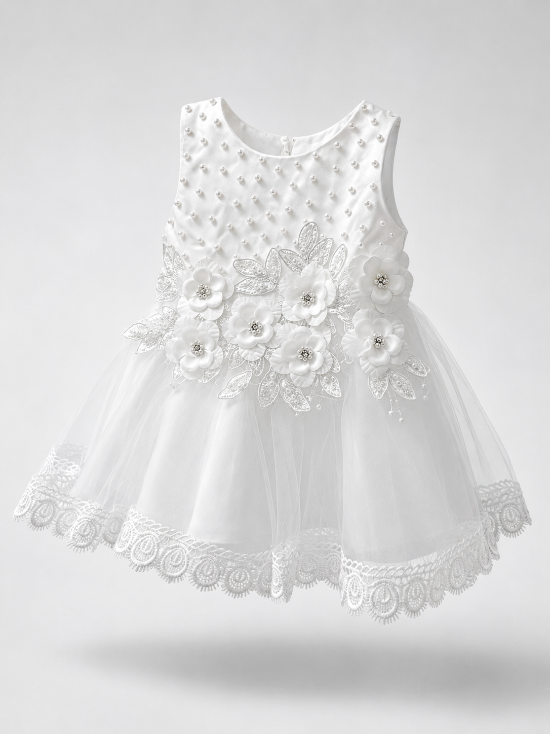 Vestito Elegante Bambina Bianco con Fiori 3D e Tulle per Cerimonia