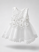 Vestito Elegante Bambina Bianco con Fiori 3D e Tulle per Cerimonia