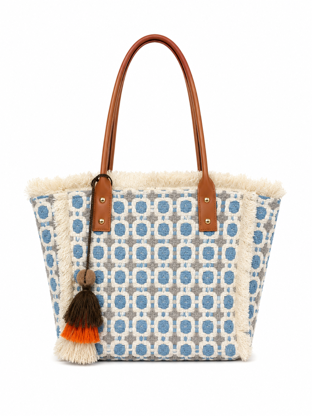 Borsa Shopper Donna Boho Chic con Frange e Nappina Decorativa Azzuro L × A × P: 35 × 30 × 13 cm
