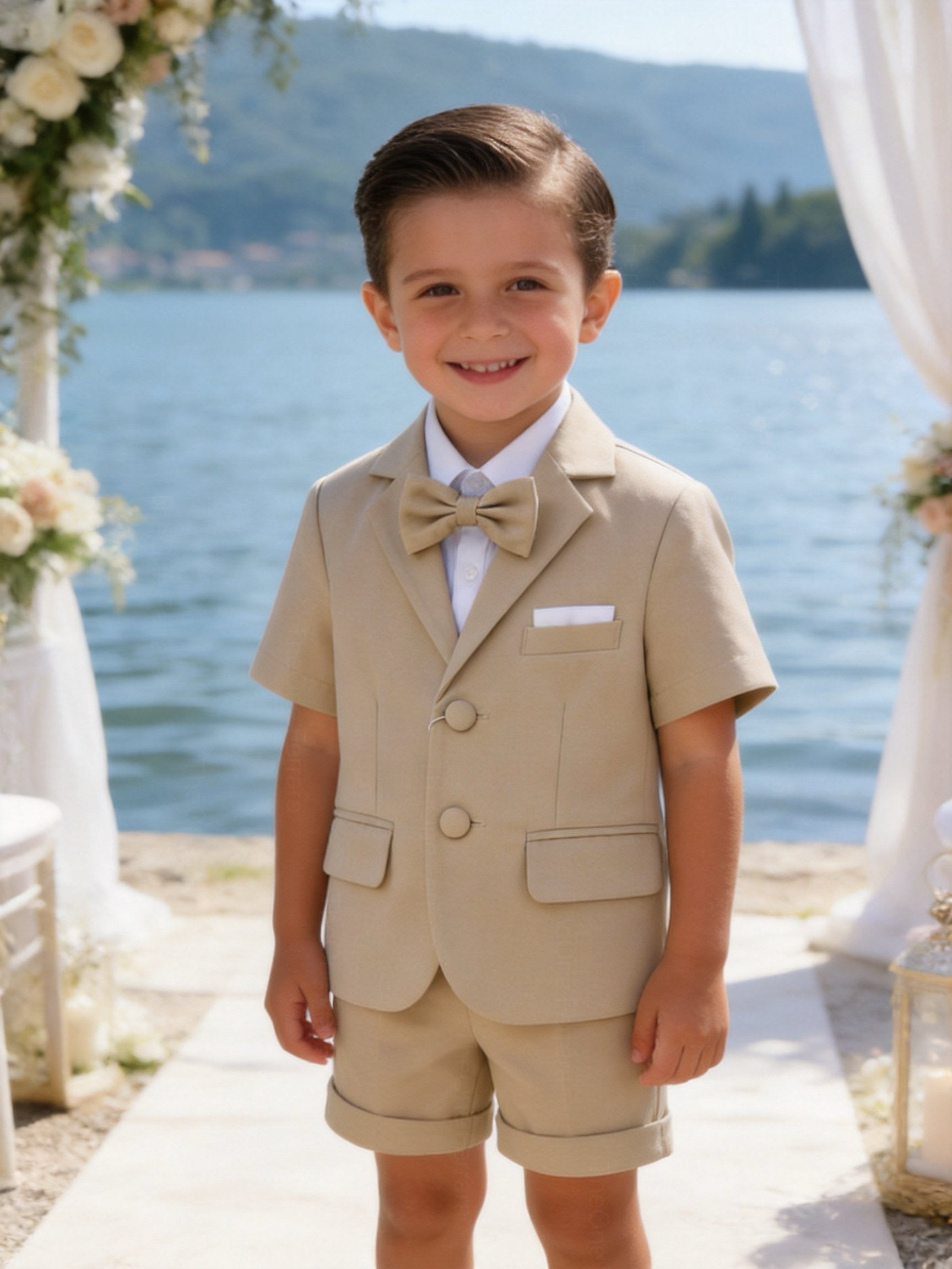 Completo Elegante Bambino Verde Salvia 4 Pezzi con Giacca Shorts Camicia e Papillong 4-10Anni