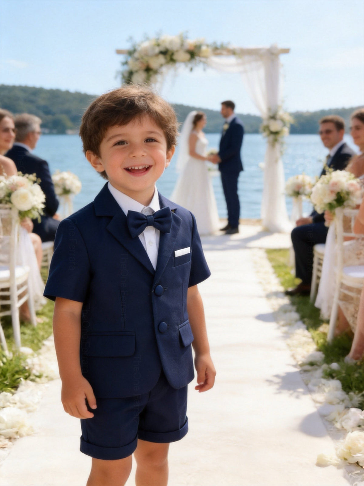 Completo Elegante Bambino Verde Salvia 4 Pezzi con Giacca Shorts Camicia e Papillong 4-10Anni