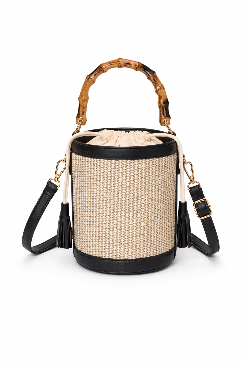 Borsa Secchiello Donna in Paglia con Manico Bamboo – Mini Borsa Estiva 18cm con Tracolla Nero+khaki 15X15X18cm