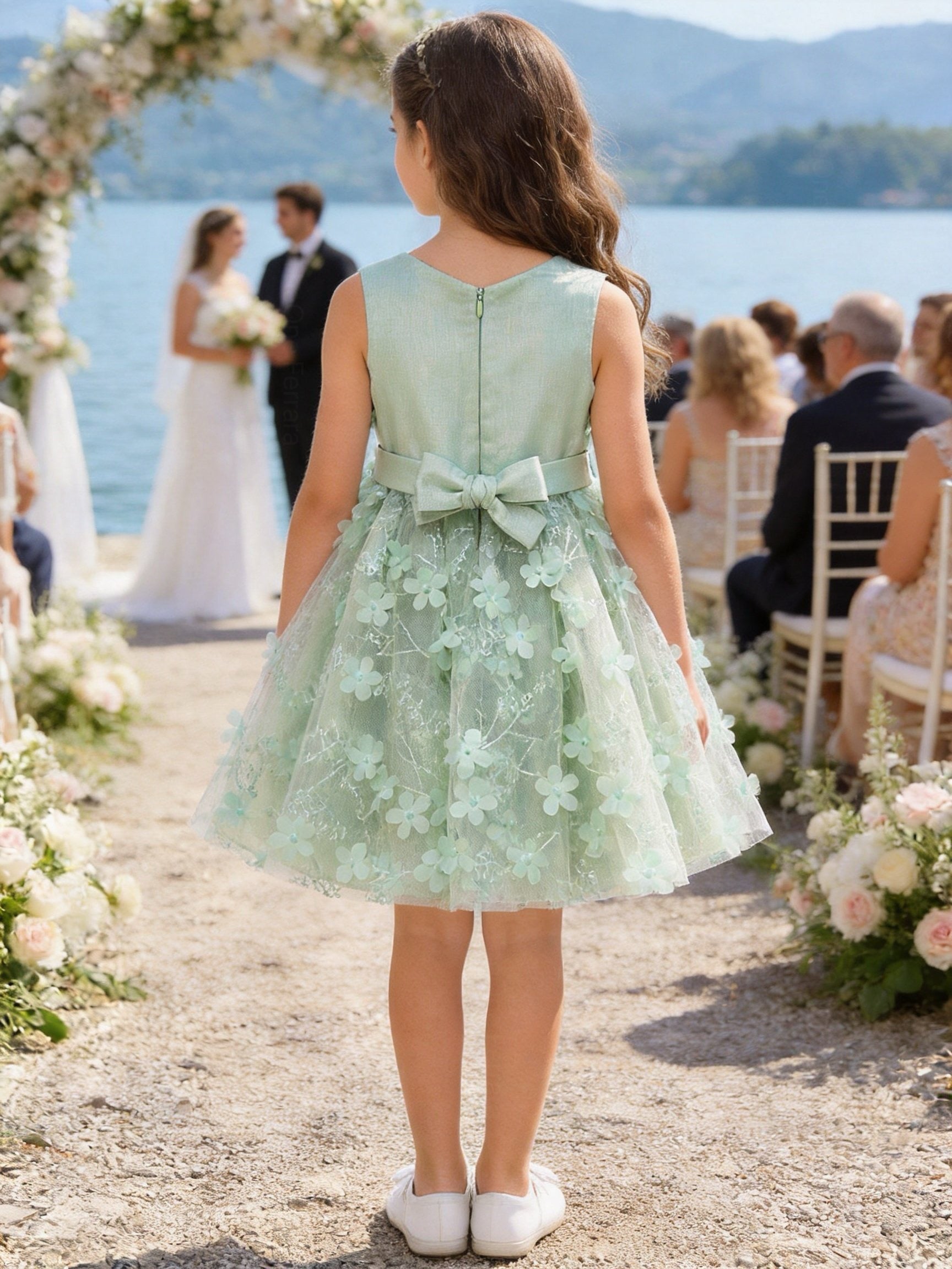 Abito da Cerimonia Bambina 2-12 Anni Elegante – Vestito con Fiori 3D e Gonna in Tulle per Matrimonio, Battesimo e Compleanno 716