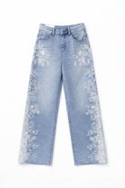 Jeans Donna Wide Leg con Ricamo Floreale e Strass – Denim con Inserti in Pizzo Vita Alta 919