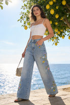 Jeans Donna Wide Leg – Denim con Ricami Floreali Vita Alta 908