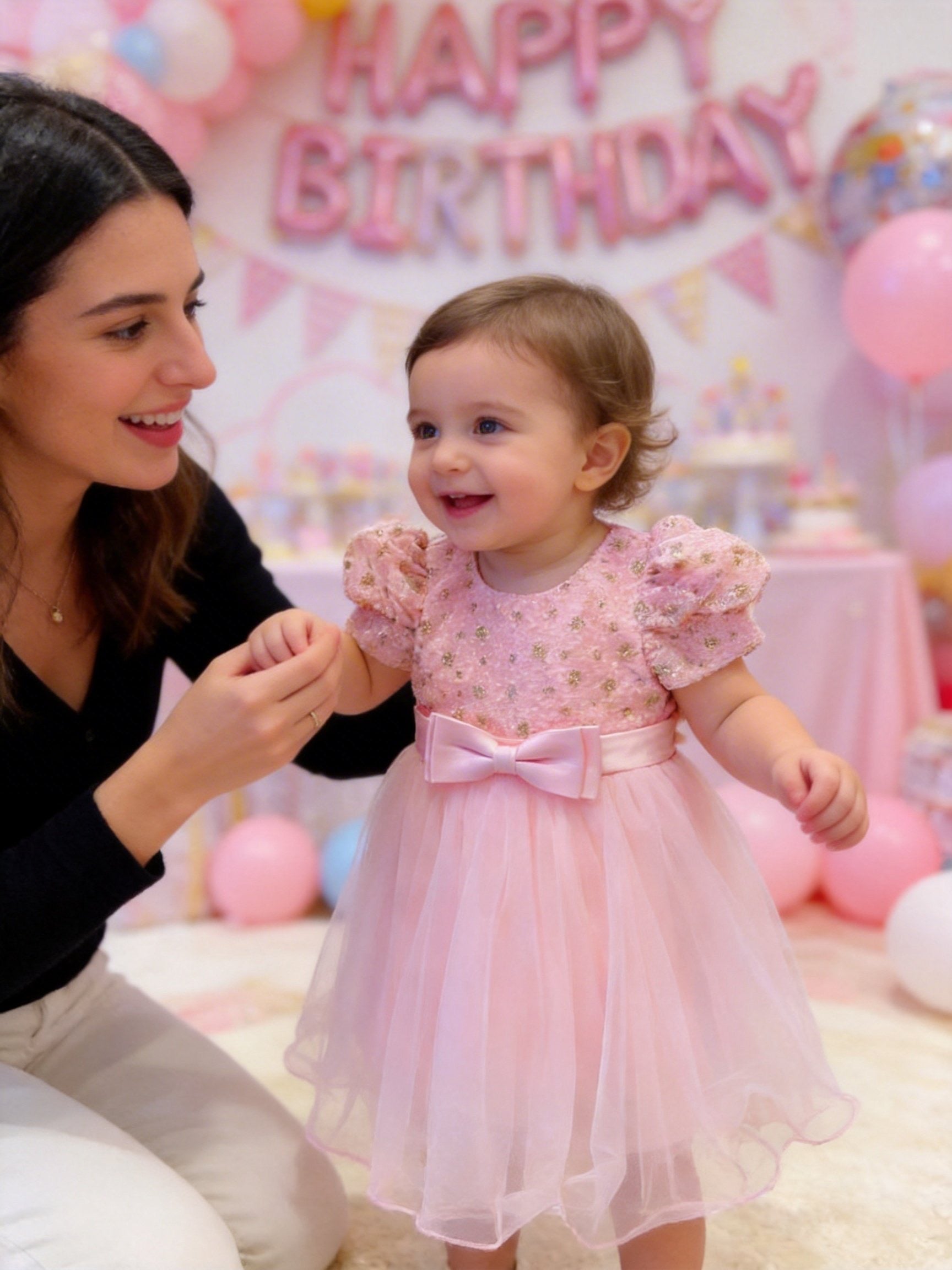 Vestito rosa bambina con maniche a sbuffo 6M–36M Compleanno, Battesimo, Damigella