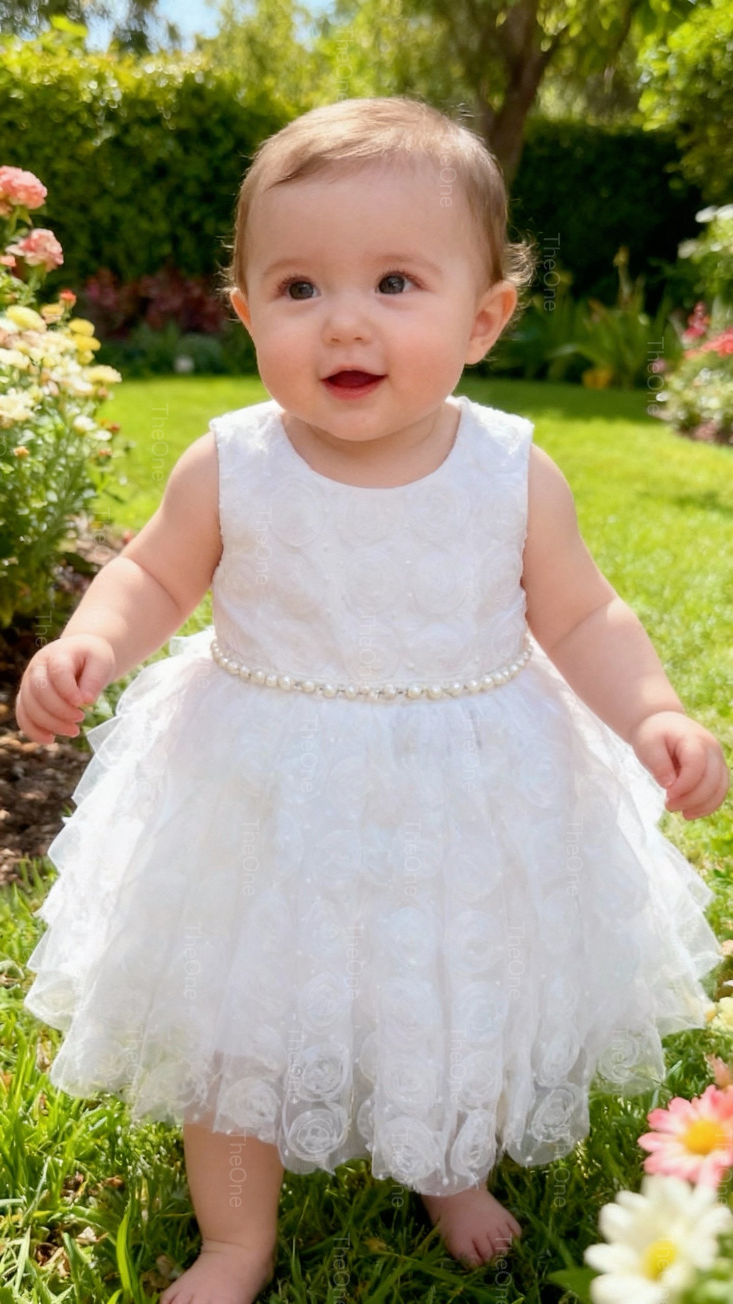 Abito da Battesimo Bambina Bianco 6M–12 Anni – Tulle con Rose 3D e Cintura di Perle | Cerimonia Compleanno 6678 678